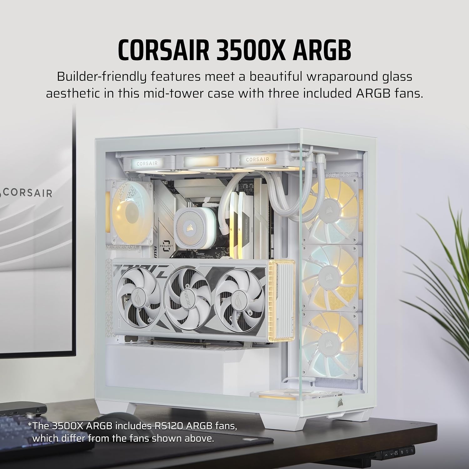 CORSAIR 3500X ARGB Mid-Tower ATX PC Case – Panoramic Tempered Glass – Reverse Connection Motherboard Compatible – 3X CORSAIR RS120 ARGB Fans Included – White