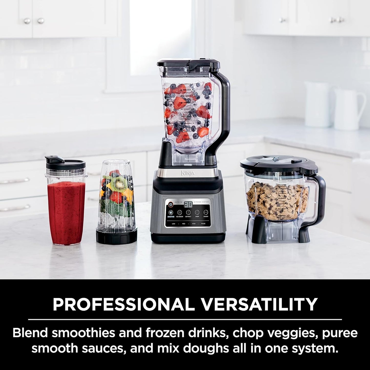 Ninja BN801 Professional plus Kitchen System, 1400 WP, 5 Functions for Smoothies, Chopping, Dough & More with Auto IQ, 72-Oz.* Blender Pitcher, 64-Oz. Processor Bowl, (2) 24-Oz. To-Go Cups, Grey