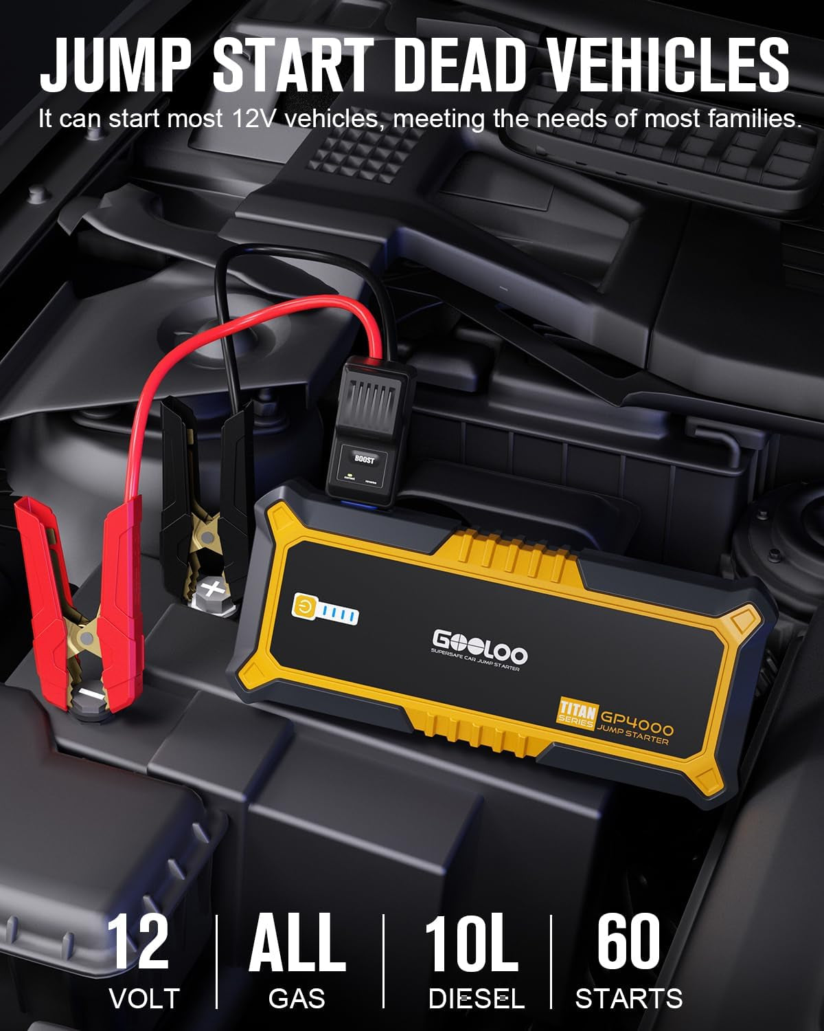 GOOLOO GP4000 Jump Starter 4000A Peak Car Starter (All Gas,Up to 10.0L Diesel Engine) Supersafe 12V Lithium Jump Box,Auto Battery Booster Pack,Portable Power Bank with USB Quick Charge and Type C Port