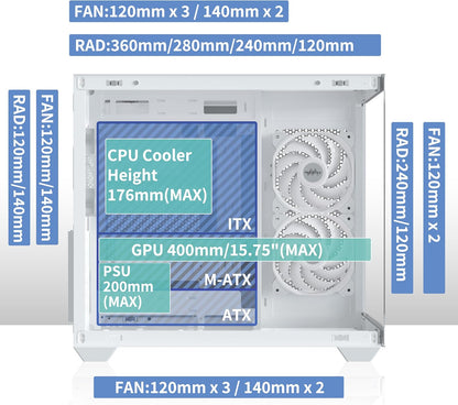MUSETEX ATX PC Case, 360MM RAD Support, 3 X 120Mm Fans Pre-Installed, 270° Full View Tempered Glass Gaming PC Case with Type-C, Mid Tower ATX Computer Case, White, Y6