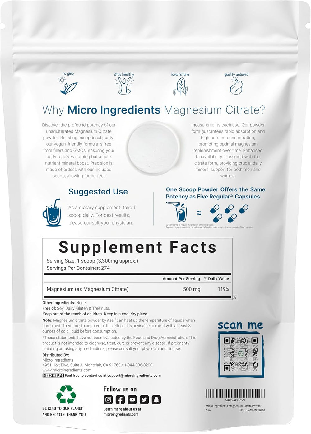 Pure Magnesium Citrate Powder (Citrato De Magnesio En Polvo), 2 Pounds (32 Ounce), Pure and Filler Free, Relaxation and Nutrient Utilization, Vegan