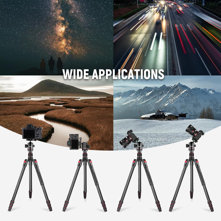 NEEWER 66"/168Cm Carbon Fiber Tripod for Camera with 360° Panorama Ball Head, 1/4" Arca QR Plate, Portable Bag, Compact Travel Tripod Monopod for DSLR Video Camcorder, Max Load 26.5Lb/12Kg, N55C