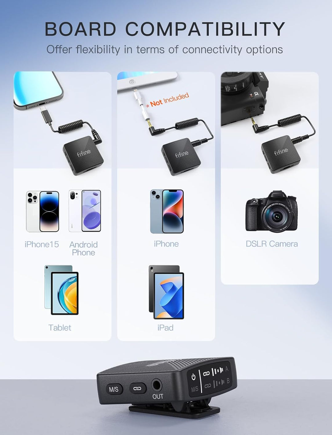 FIFINE Wireless Lavalier Microphone for Iphone/Android/Camera, 2 Pack Cordless Lapel Mic System for Vlog Recording Video Youtube/Tiktok Interview, Condenser Clip-On Microphone with Charging Case-M9