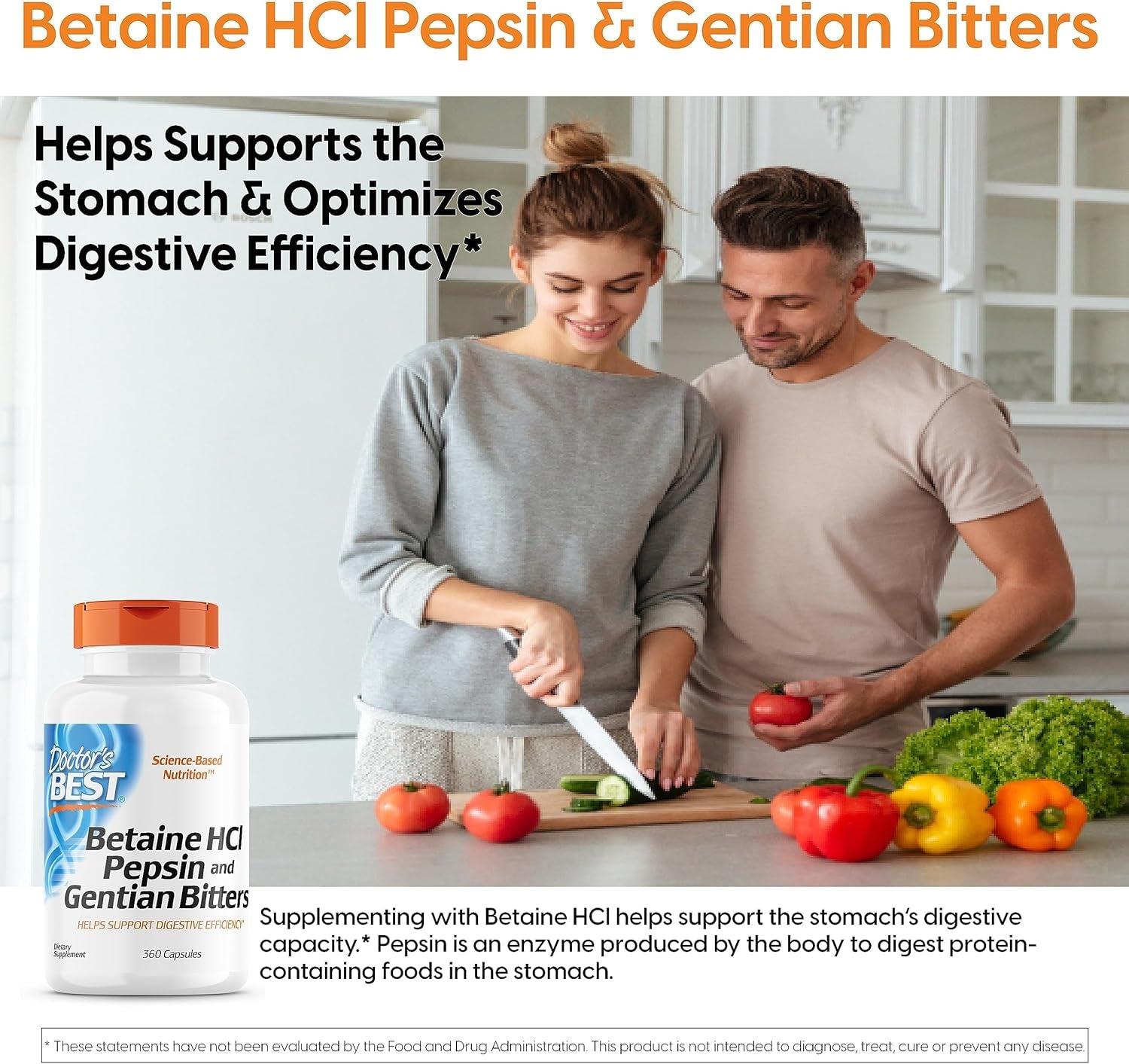 Doctor'S Best Betaine HCI Pepsin & Gentian Bitters, Digestive Enzymes for Protein Breakdown & Absorption, Non-Gmo, Gluten Free, 360 Count (Pack of 1)