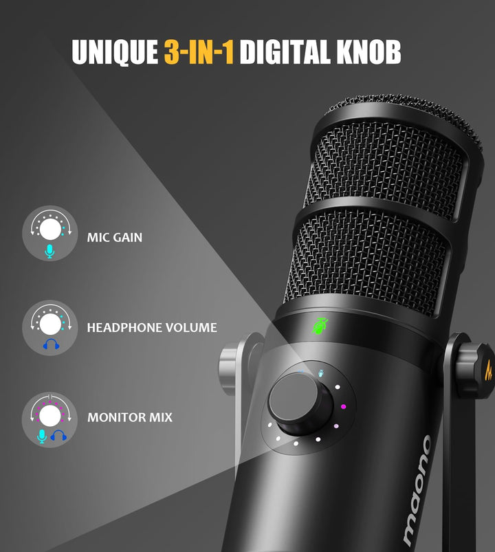 MAONO Dynamic Microphone, USB/XLR Podcast PC Microphone with Software, Eq,Tap-To-Mute, Headphone Jack, Gain Knob & Volume Control, Studio Mic for Broadcast, Recording, Streaming & Gaming (PD400X)