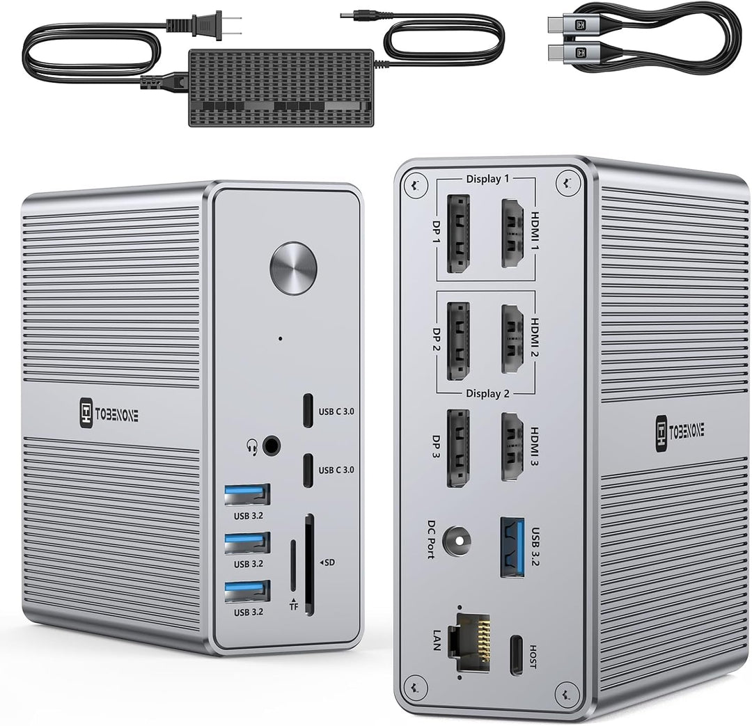 Tobenone Displaylink Docking Station Triple Monitor with 120W Power Adapter, Triple 4K Display for Macbook Pro/Air, Thunderbolt 4/3, USB-C Windows(3X HDMI, 3X Displayport, 2Xusb-C, 4Xusb 3.2, SD/TF) 3
