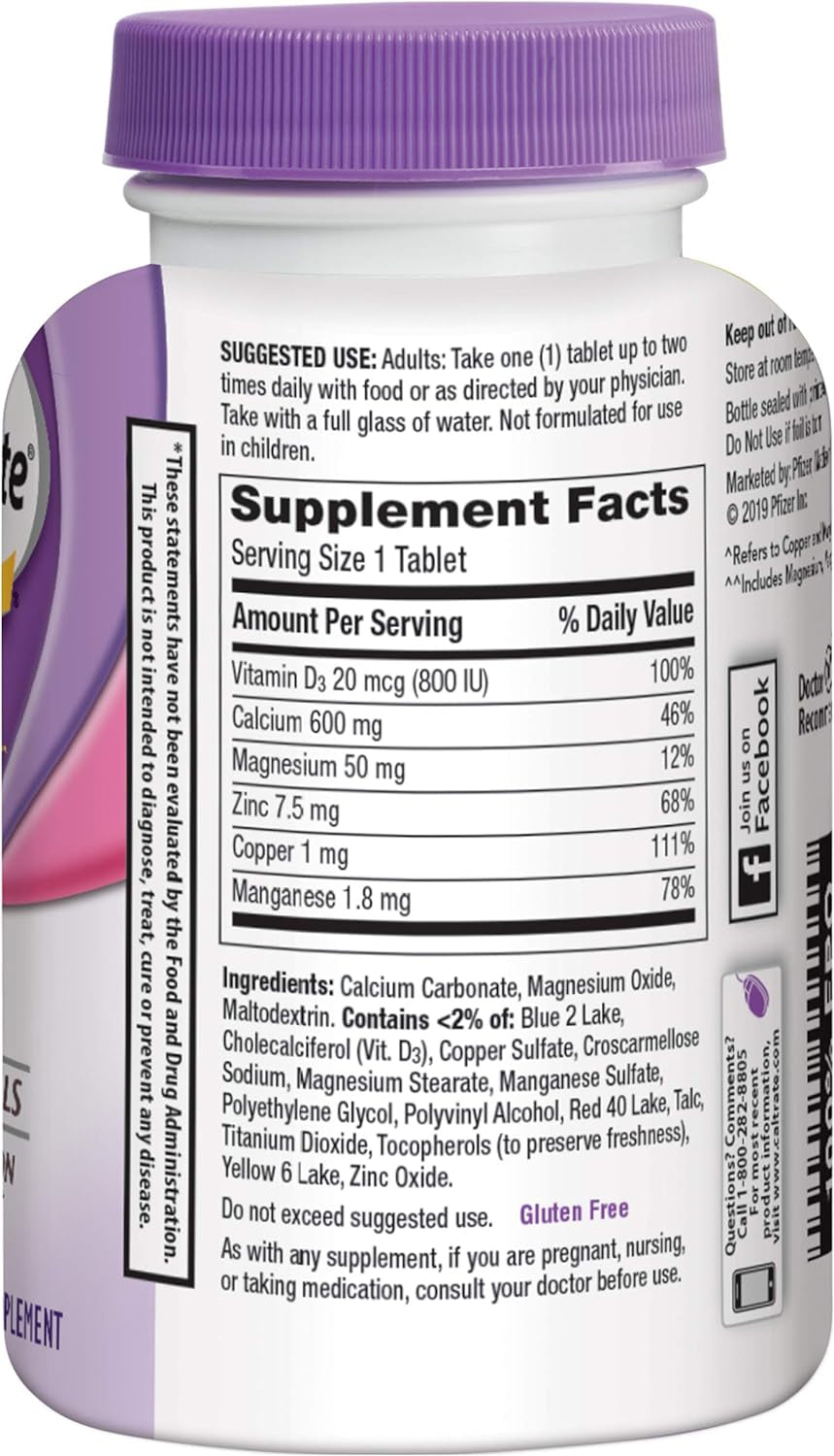 Caltrate 600 plus D3 plus Minerals Calcium and Vitamin D Supplement Tablets, Bone Health and Mineral Supplement for Adults - 120 Count (Packaging May Vary)