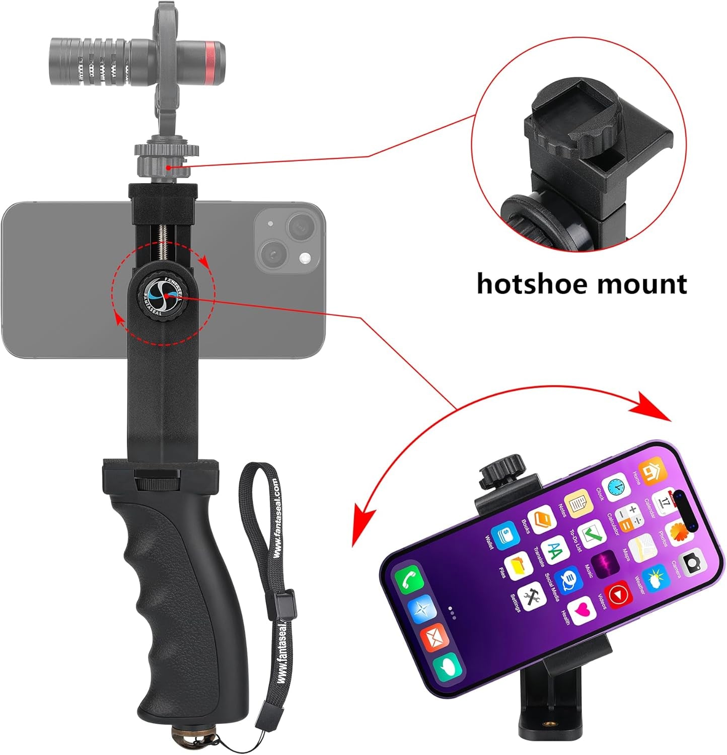 Ergonomic Anti-Falling Cell Phone Vlogging Hand Grip Stabilizer Smartphone Holder Rig Mount Video Kit W/Safety Strap Portable Selfie Stick for Iphone Samsung (Landscape+Portrait)-Mic/Light Adapter