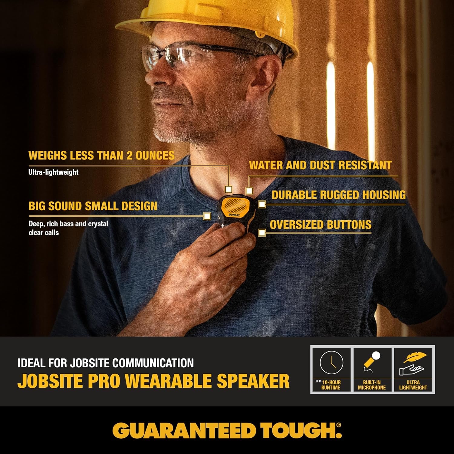 DEWALT Wearable Bluetooth Speaker (Updated Version), Clip-On Wireless Jobsite Pro Water-Resistant Portable Speaker (Non-Magnetic), Built-In Mic for Hands-Free Music/Calls, Bluetooth Speaker (Yellow)