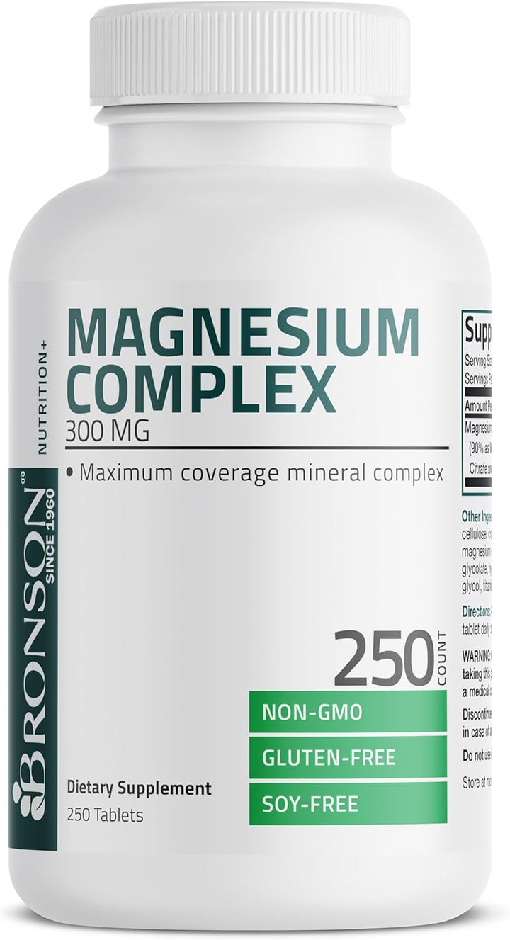 Triple Magnesium Complex Maximum Coverage 300 Mg Magnesium Oxide Magnesium Citrate Magnesium Carbonate, Non-Gmo Formula, 250 Tablets