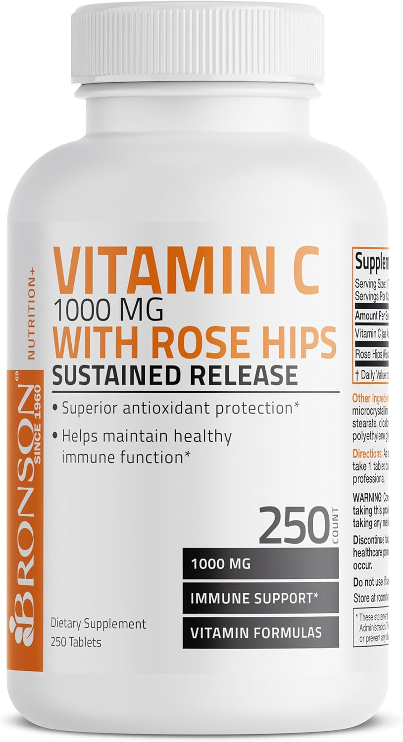 Bronson Vitamin C 1000 Mg with Rose HIPS Sustained Release, 250 Tablets