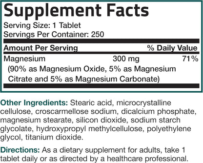 Triple Magnesium Complex Maximum Coverage 300 Mg Magnesium Oxide Magnesium Citrate Magnesium Carbonate, Non-Gmo Formula, 250 Tablets
