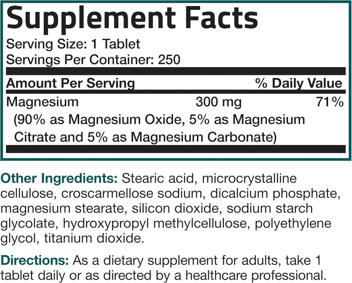 Triple Magnesium Complex Maximum Coverage 300 Mg Magnesium Oxide Magnesium Citrate Magnesium Carbonate, Non-Gmo Formula, 250 Tablets