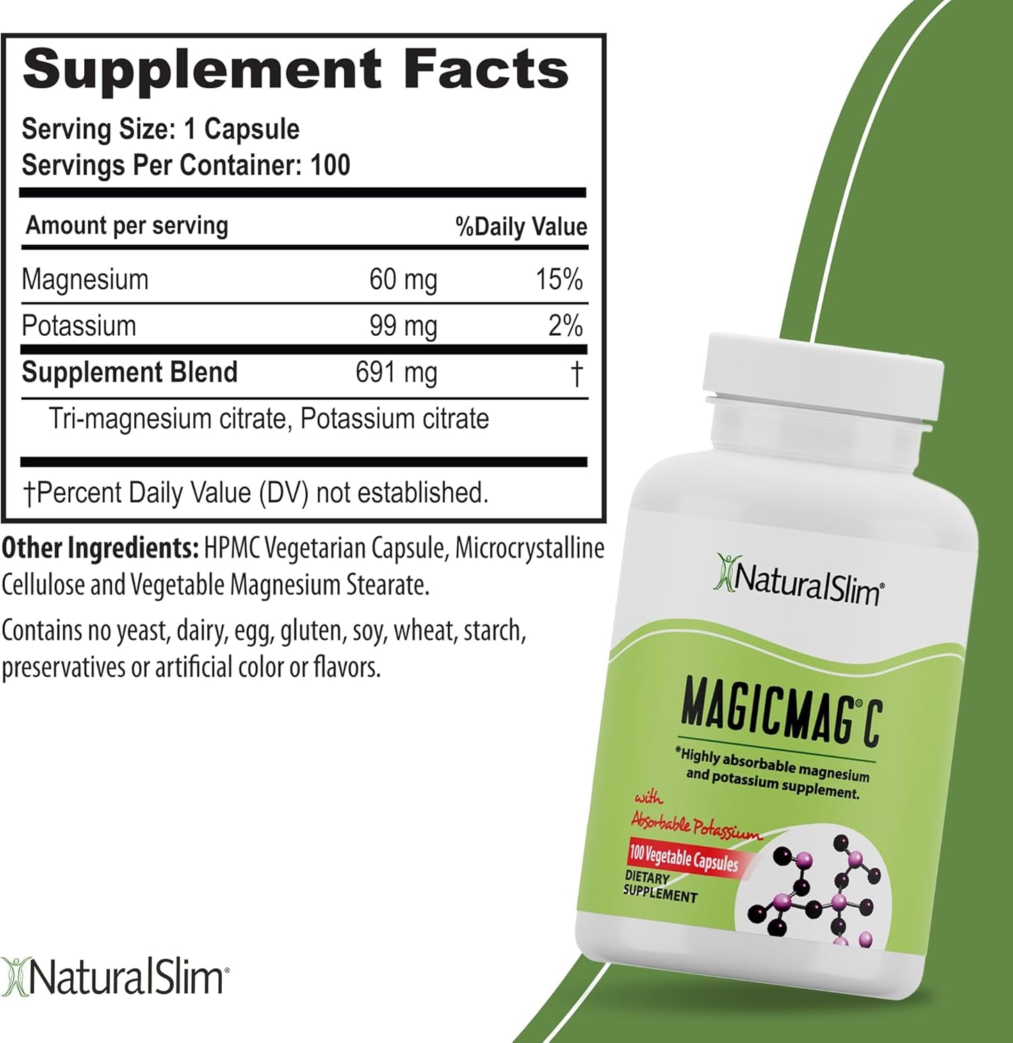 Naturalslim Magicmag C Magnesium Citrate Capsules – Magnesium Supplement with Natural Potassium | Sleep Support, Heart Health, and Muscle Cramp Relief | Gluten-Free, 100 Capsules (1 Pack)