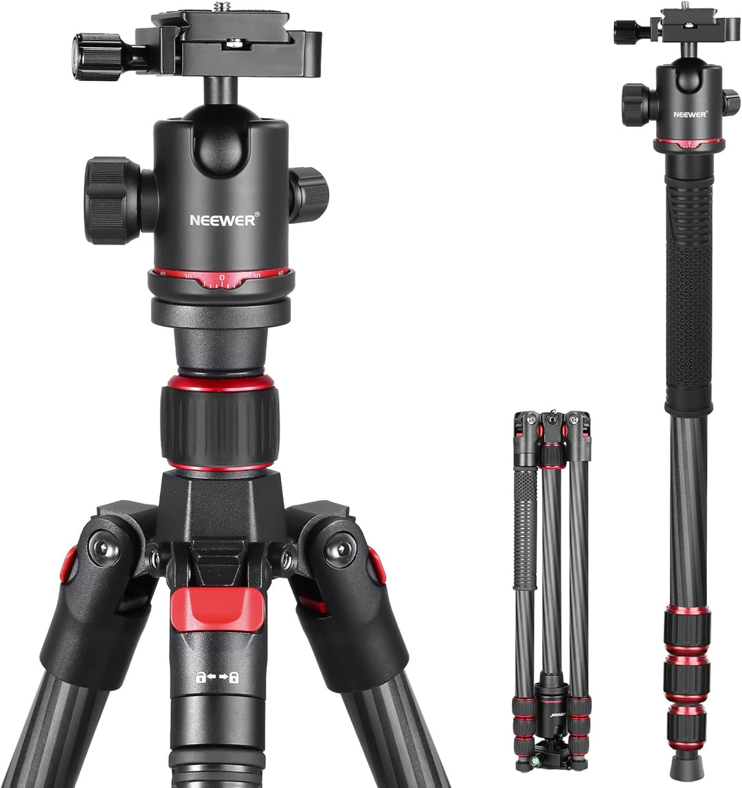 NEEWER 66"/168Cm Carbon Fiber Tripod for Camera with 360° Panorama Ball Head, 1/4" Arca QR Plate, Portable Bag, Compact Travel Tripod Monopod for DSLR Video Camcorder, Max Load 26.5Lb/12Kg, N55C