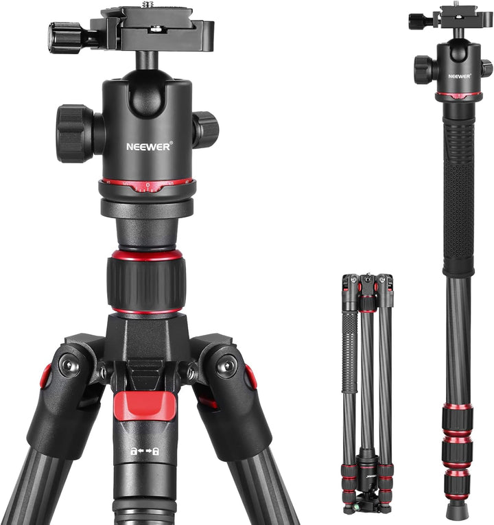 NEEWER 66"/168Cm Carbon Fiber Tripod for Camera with 360° Panorama Ball Head, 1/4" Arca QR Plate, Portable Bag, Compact Travel Tripod Monopod for DSLR Video Camcorder, Max Load 26.5Lb/12Kg, N55C