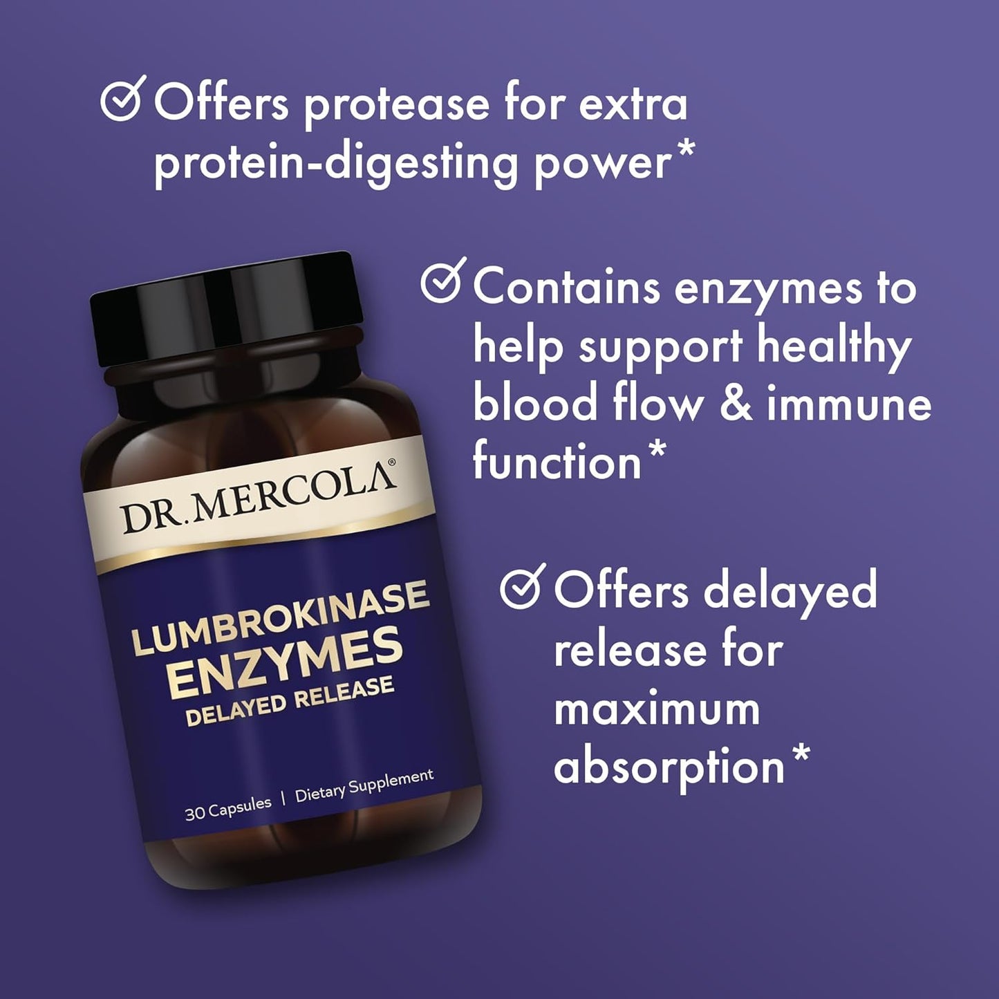 Dr. Mercola Lumbrokinase Enzymes Delayed Release, 30 Servings (30 Capsules), Dietary Supplement, Supports Cognitive and Cardiovascular Health, Non GMO