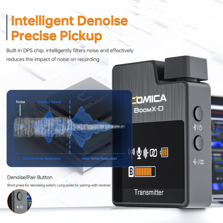 COMICA Boomx-D2 Wireless Lavalier Microphone, 2.4G Dual Lapel Mic with 2 Transmitters, Noise Cancellation, 656Ft Range, Compatible with Iphone, Android, Camera, for Youtube Video Recording Streaming