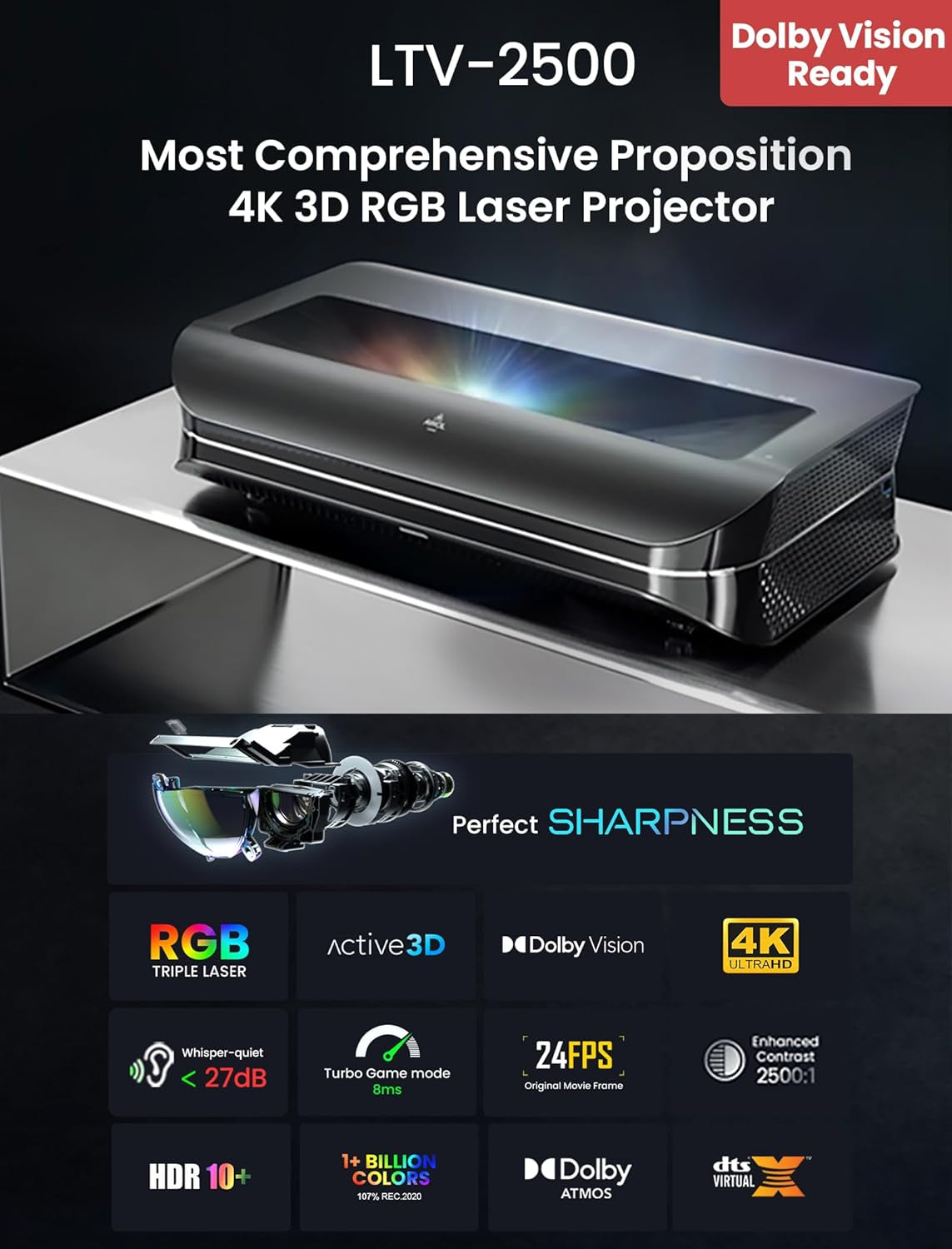 AWOL VISION LTV-2500 4K UHD Ultra Short Throw Triple Laser Projector with Dolby Vision & Atmos, Active 3D, 150", HDR10+, UST Laser TV Projector (Fire TV Stick 4K Max Included)