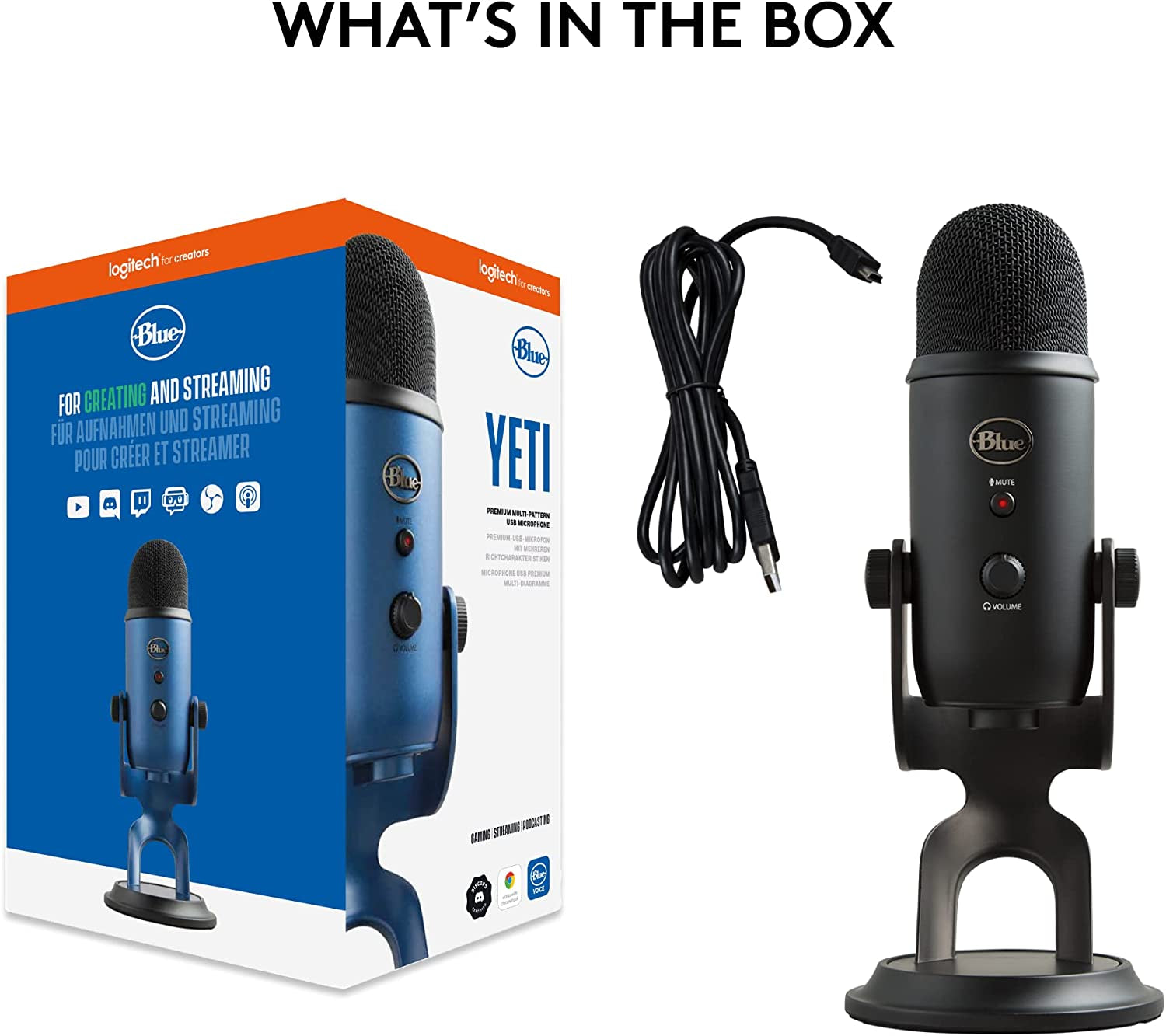 Logitech for Creators Blue Yeti USB Microphone for Gaming, Streaming, Podcasting, Twitch, Youtube, Discord, Recording for PC and Mac, 4 Polar Patterns, Studio Quality Sound, Plug & Play-Blackout