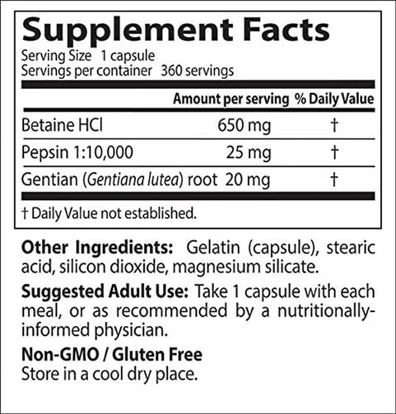 Doctor'S Best Betaine HCI Pepsin & Gentian Bitters, Digestive Enzymes for Protein Breakdown & Absorption, Non-Gmo, Gluten Free, 360 Count (Pack of 1)