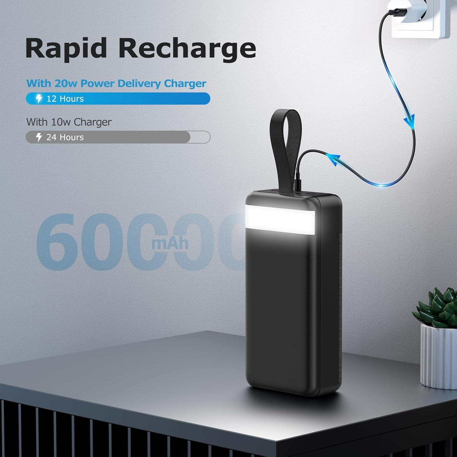 Power Bank 60000Mah 22.5W Fast Charging Portable Charger USB-C Quick Charge with 4 Outputs & 3 Inputs LED Display Huge Capacity External Battery Pack for Most Electronic Devices on the Market