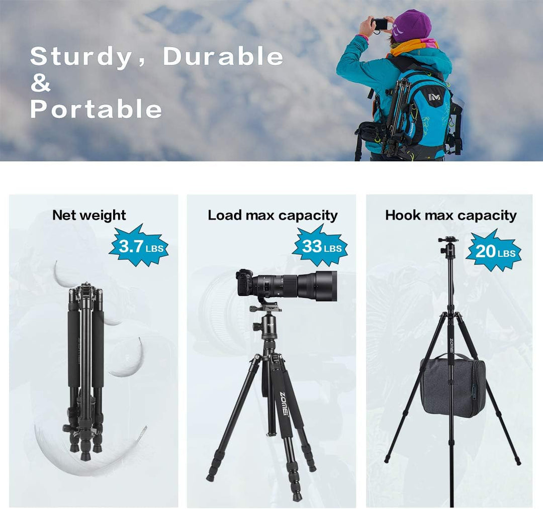 ZOMEI Tripod,Camera Tripod,Lightweight Camera Travel Z818 Tripod Aluminium Alloy Monopod with 360 Panorama Ball Head Quick Release Plate Ball for DSLR Canon Sony Nikon Cameras(Black)