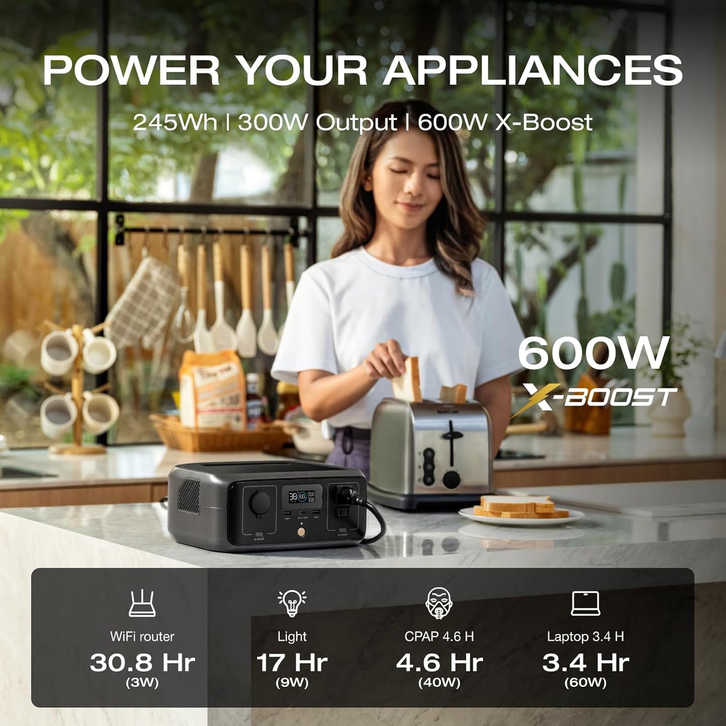 EF ECOFLOW Portable Power Station RIVER 3, 245Wh Lifepo4 Battery Power Station, 300W up to 600W AC Output, <20 MS UPS & <30 Db, 1Hr Fast Charging Solar Generator for Outdoor/Camping/Home Use