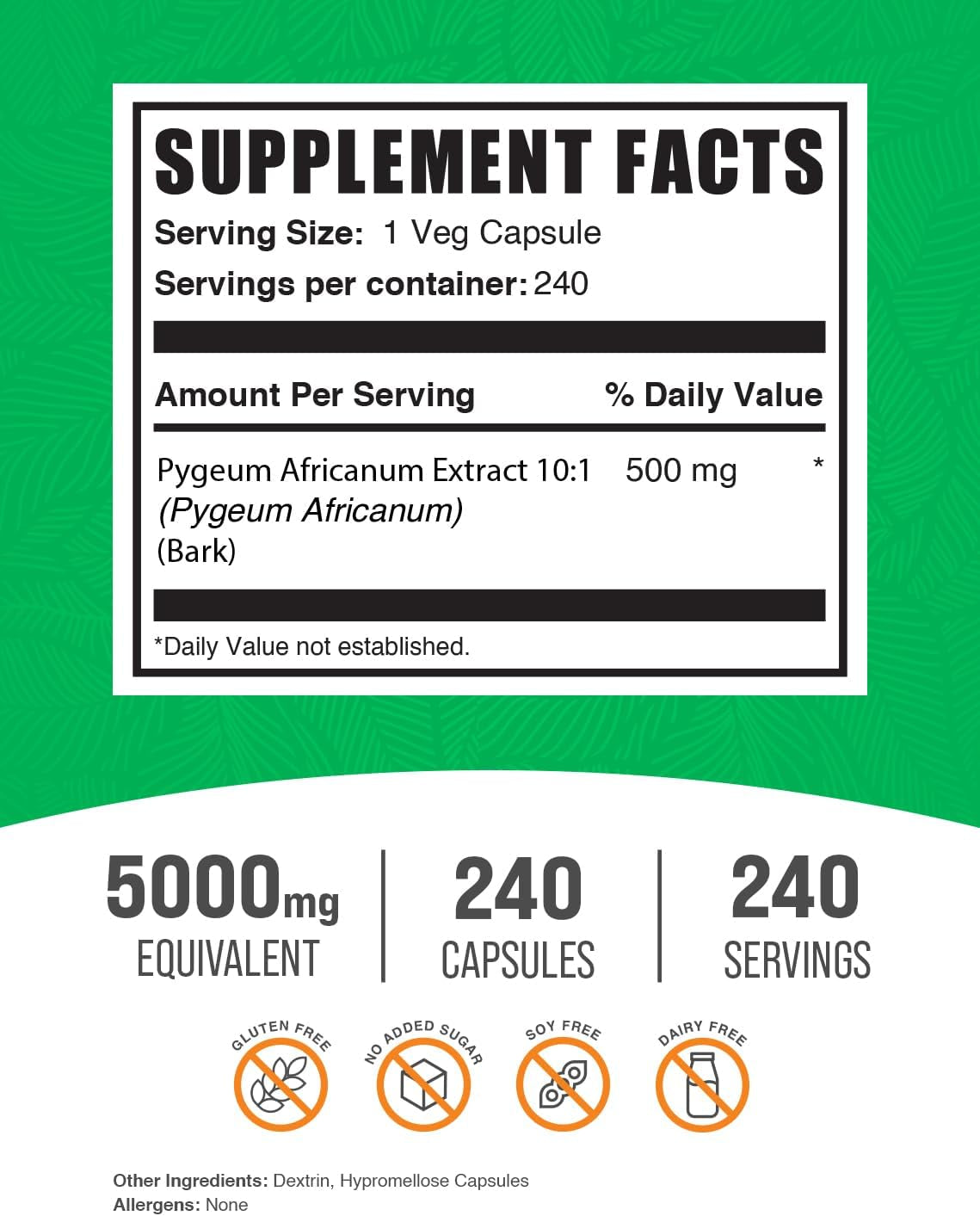 Bulksupplements.Com Pygeum Africanum Extract Capsules - Pygeum Supplement, Pygeum 5000Mg Capsules - from Pygeum Bark, Gluten Free - 1 Capsule per Serving, 240 Veg Capsules (Pack of 1)