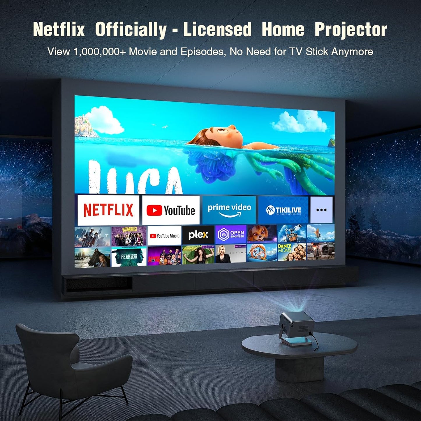 [Netflix Officially & AI Auto Focus] VOPLLS 4K Projector with Wifi and Bluetooth, 3D Doiby Audio & Auto Keystone Video Projector, 600 ANSI Outdoor Movie Projector, 50% Zoom, MAX 300''Display(Grey)