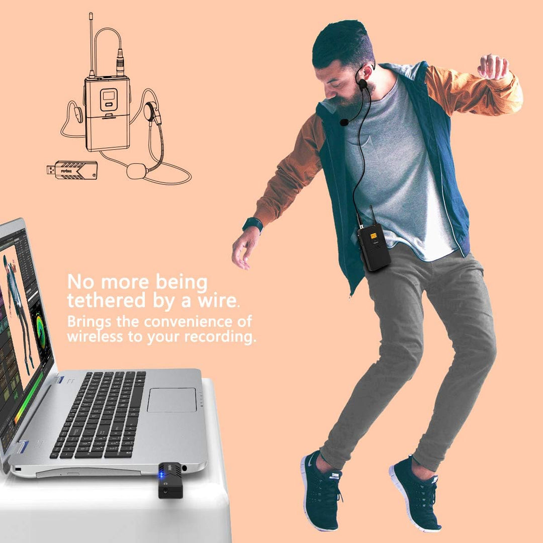 FIFINE Wireless Microphones for Computer, USB Wireless Microphone System for PC and Mac, Headset UHF System with USB Receiver,Transmitter, Headset and Clip Lavalier Lapel Mic-K031B