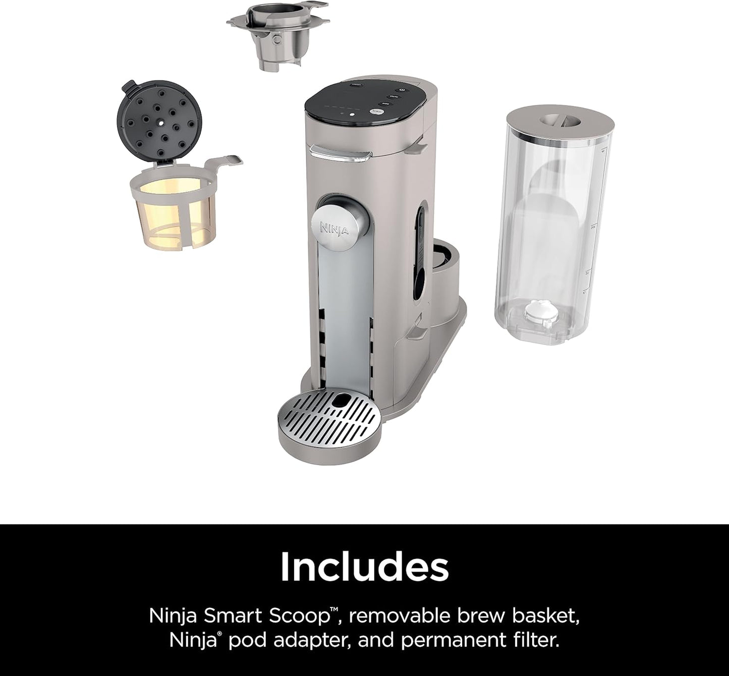 Ninja Pods & Grounds Single-Serve Coffee Maker, K-Cup Pod Compatible, Brews Grounds, Compact Design, 56-Oz. Reservoir, 6-Oz. Cup to 24-Oz. Travel Mug Brew Sizes, Iced Coffee Maker, Stone, PB041ST