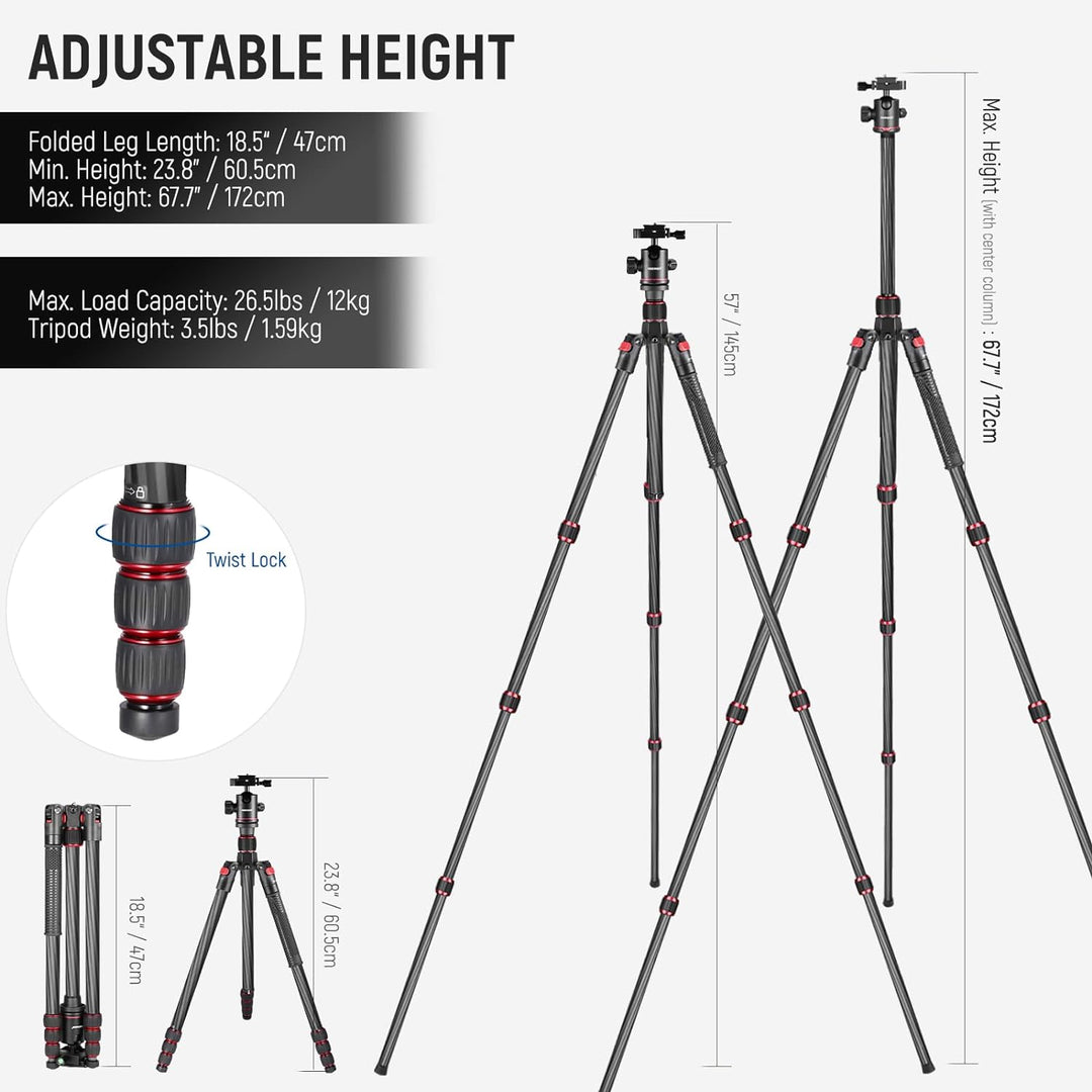 NEEWER 66"/168Cm Carbon Fiber Tripod for Camera with 360° Panorama Ball Head, 1/4" Arca QR Plate, Portable Bag, Compact Travel Tripod Monopod for DSLR Video Camcorder, Max Load 26.5Lb/12Kg, N55C