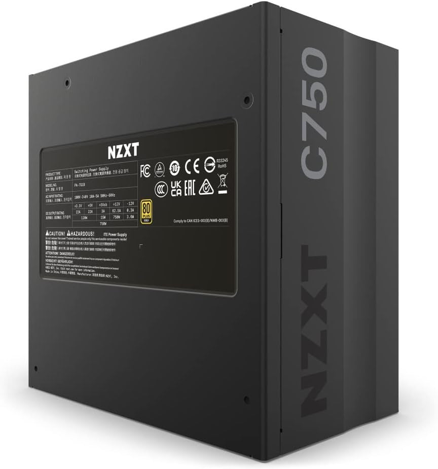 NZXT C750 PSU (2022) - PA-7G1BB-US - 750 Watt PSU - 80+ Gold Certified - Fully Modular - Sleeved Cables - ATX Gaming Power Supply