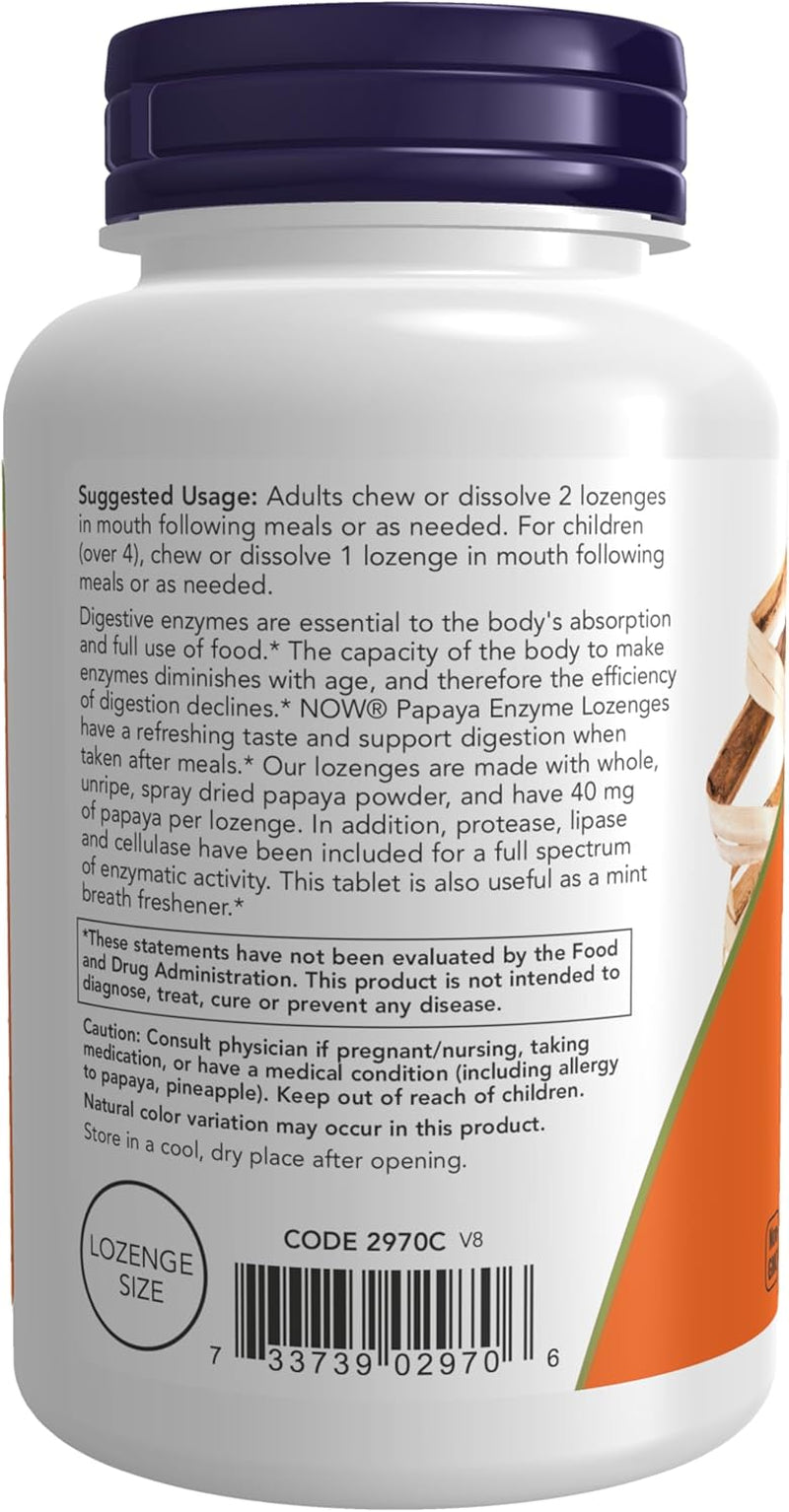 NOW Foods Supplements, Papaya Enzyme with Mint and Chlorophyll, Digestive Support*, 180 Chewable Lozenges