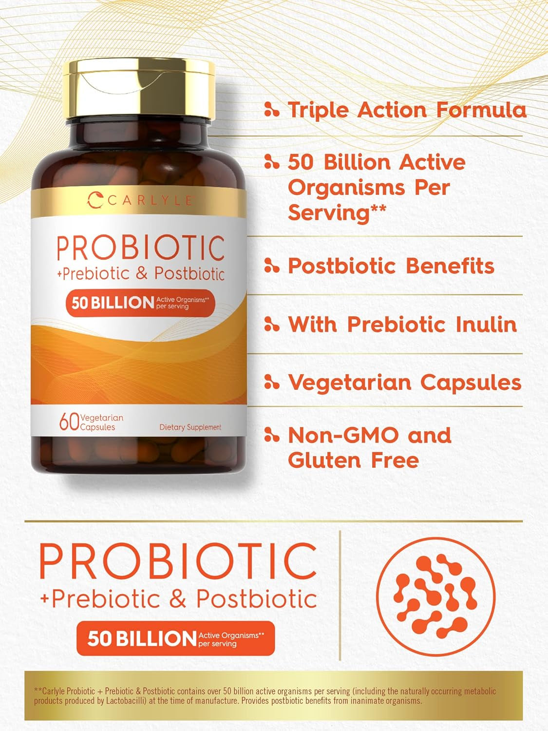 Carlyle Prebiotic, Probiotic & Postbiotic | 50 Billion CFU 60 Powder Pills | 3 in 1 Supplement | Vegetarian, Gluten Free & Non-Gmo Formula