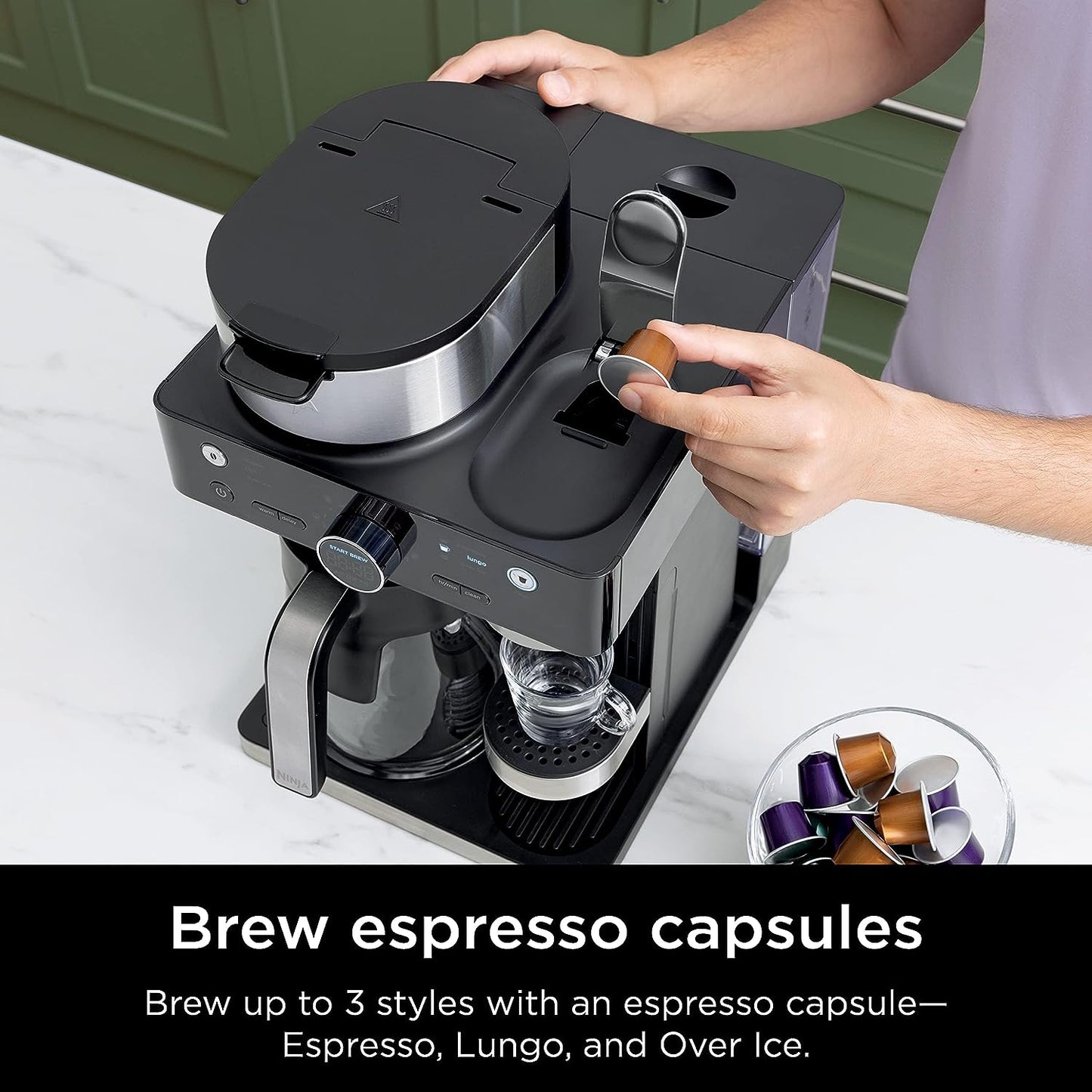 Ninja CFN601 Espresso & Coffee Barista System, 3 Espresso Brew Styles, Single-Serve Coffee & Nespresso Capsule Compatible, 12-Cup Carafe, Built-In Frother, Espresso, Cappuccino & Latte Maker - Black