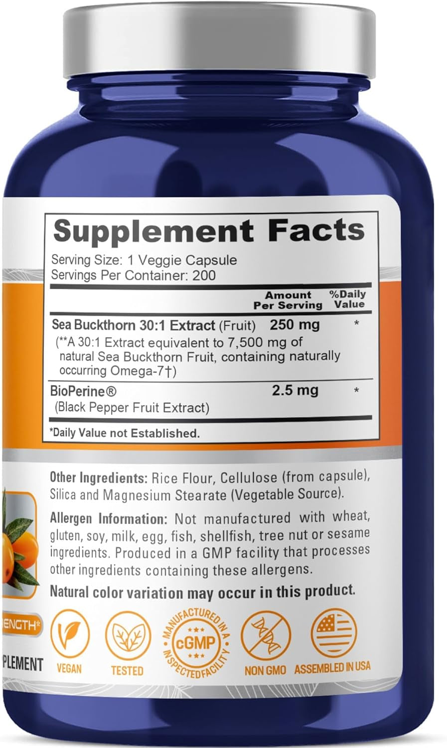 Nusapure Sea Buckthorn Omega-7 7500Mg per Veggie Powder Caps - 200 Count - Extract 30:1, Non-Gmo & Vegan