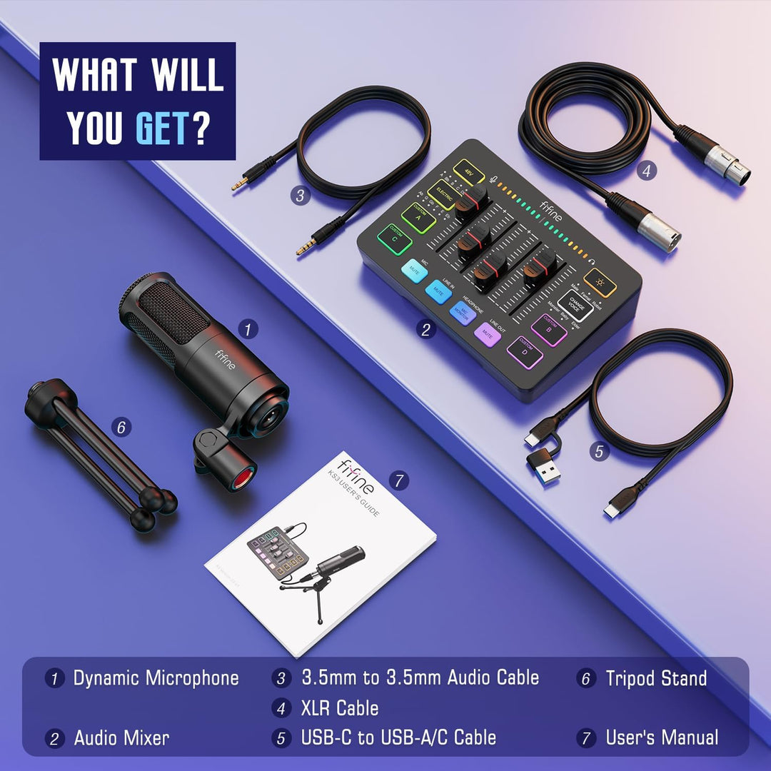 FIFINE Audio Equipment Bundle for Gaming Podcast, Streaming RGB Mixer Set with XLR Dynamic Vocal Microphone, Voice Recording Kit Set with Volume Fader, Individual Control, Mute, Monitoring-Ks3