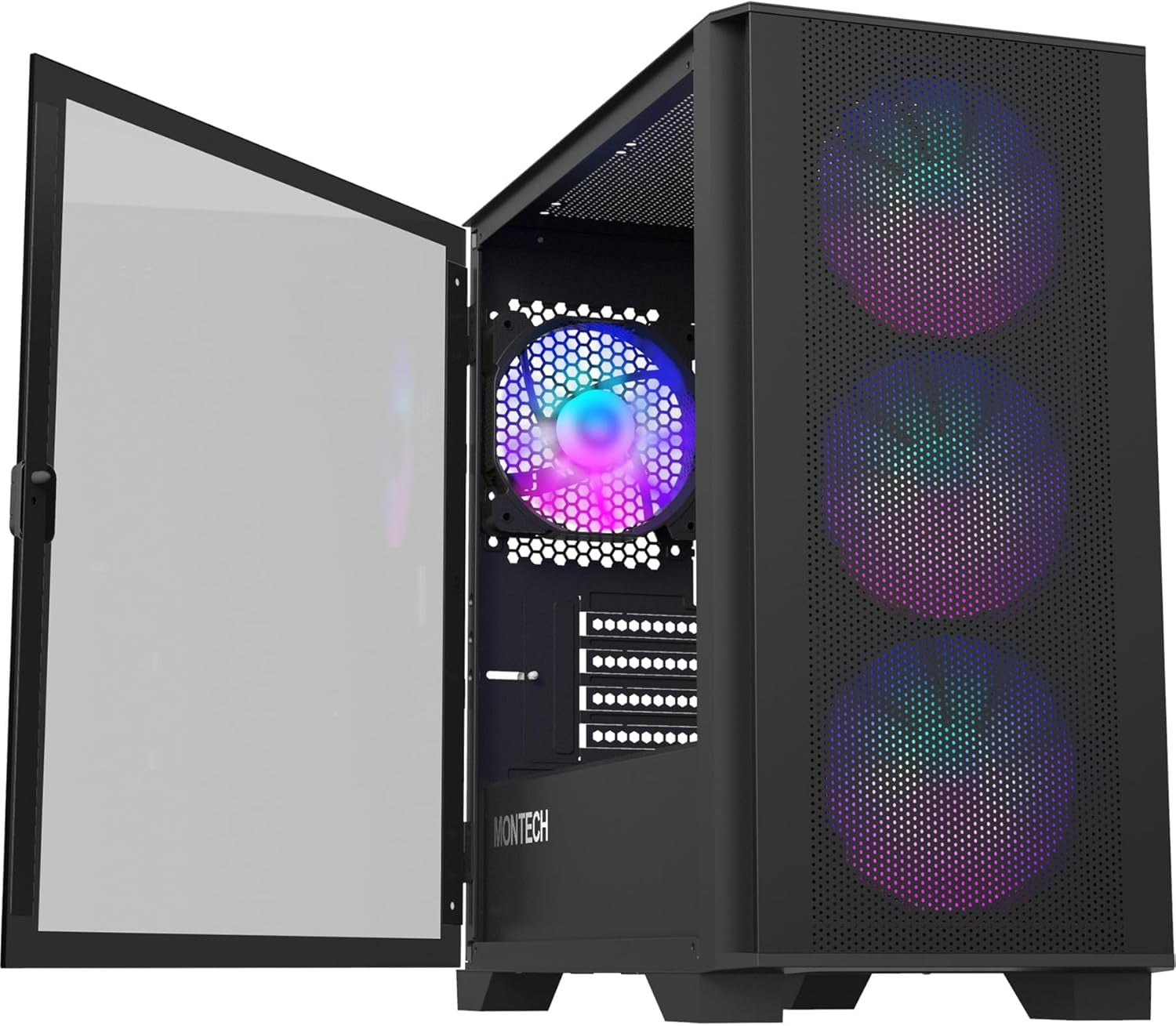 Montech AIR 100 ARGB Micro-Atx Tower with Four ARGB Fans Pre Installed, Ultra-Minimalist Design, Fine Mesh Front Panel, High Airflow, Unique Side Swivel Tempered Glass, Black