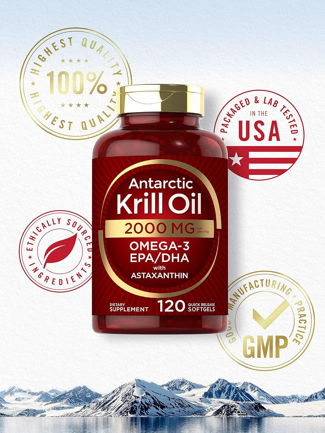 Carlyle Antarctic Krill Oil 2000 Mg 120 Softgels | Omega-3 EPA, DHA, with Astaxanthin Supplement Sourced from Red Krill | Maximum Strength | Laboratory Tested