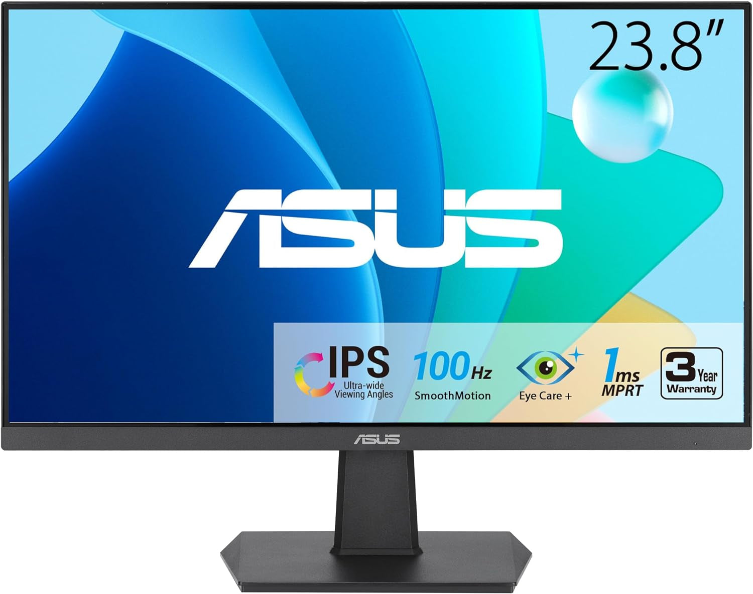 ASUS 24” (23.8-Inch Viewable) 1080P Eye Care Monitor (VA24EHF) - IPS, Full HD, Frameless, 100Hz, 1Ms, Adaptive-Sync, for Working and Gaming, Low Blue Light, HDMI, VESA Mountable, Tilt, BLACK