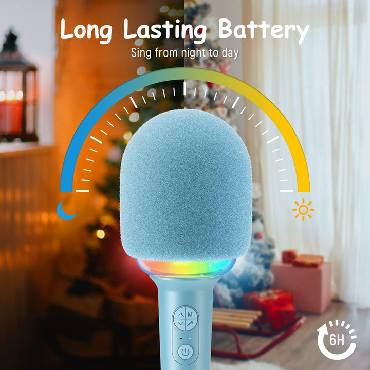FIFINE Wireless Bluetooth Karaoke Microphone with Built-In Speaker, Portable Singing Microphone for Kids Adults Party Gifts with RGB LED Lights, Magic Voice, for Phone-Amplising E2 Blue