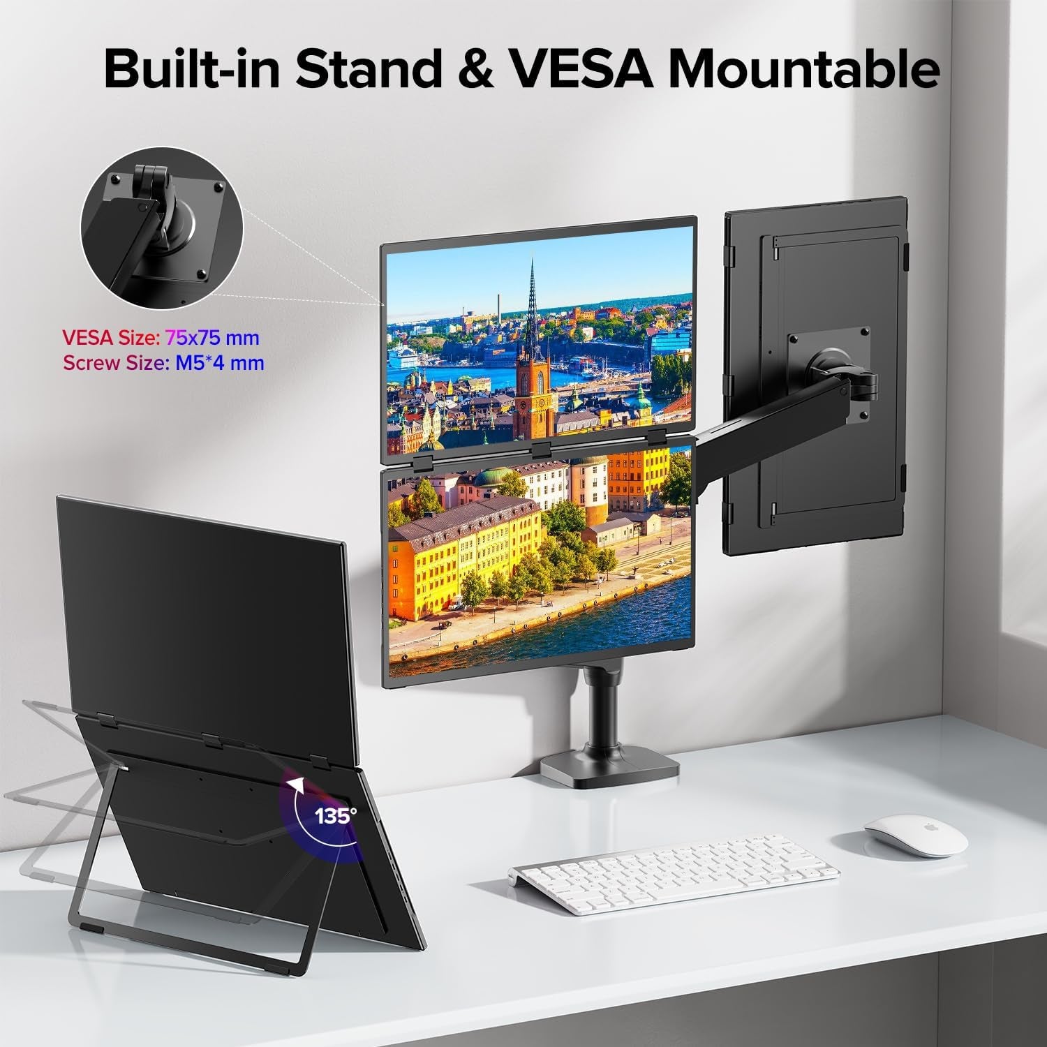 UPERFECT Delta 18.5" 100Hz Dual Monitor Portable Monitor for Laptop Screen Extender 1080P HDR 360° Folding Stacked Triple Monitor with Stand & VESA for Laptop PC Phone Game Console (No Driver Needed)