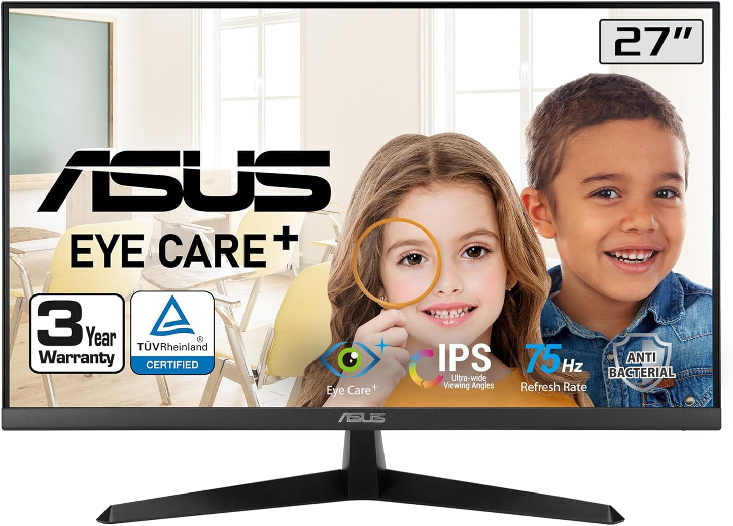 ASUS VY279HE 27” Eye Care Monitor, 1080P Full HD, 75Hz, IPS, 1Ms, Adaptive-Sync, Eye Care Plus, Color Augmentation, HDMI VGA, Frameless, VESA Wall Mountable