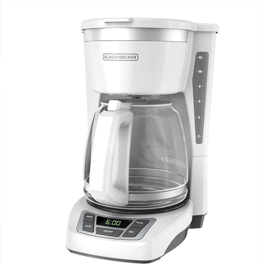 BLACK+DECKER 12-Cup Digital Coffee Maker, CM1160W, Programmable, Washable Basket Filter, Sneak-A-Cup, Auto Brew, Water Window, Keep Hot Plate, White