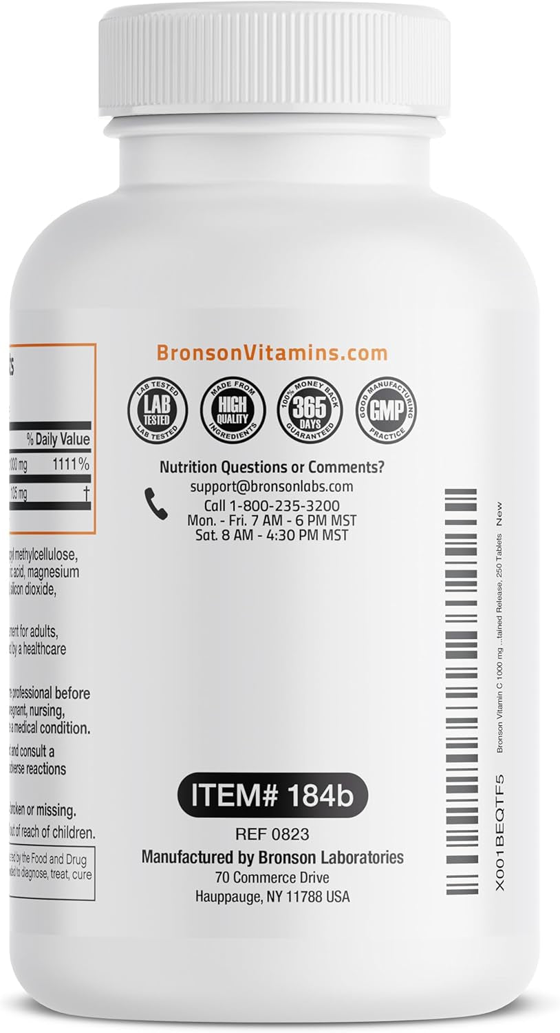 Bronson Vitamin C 1000 Mg with Rose HIPS Sustained Release, 250 Tablets