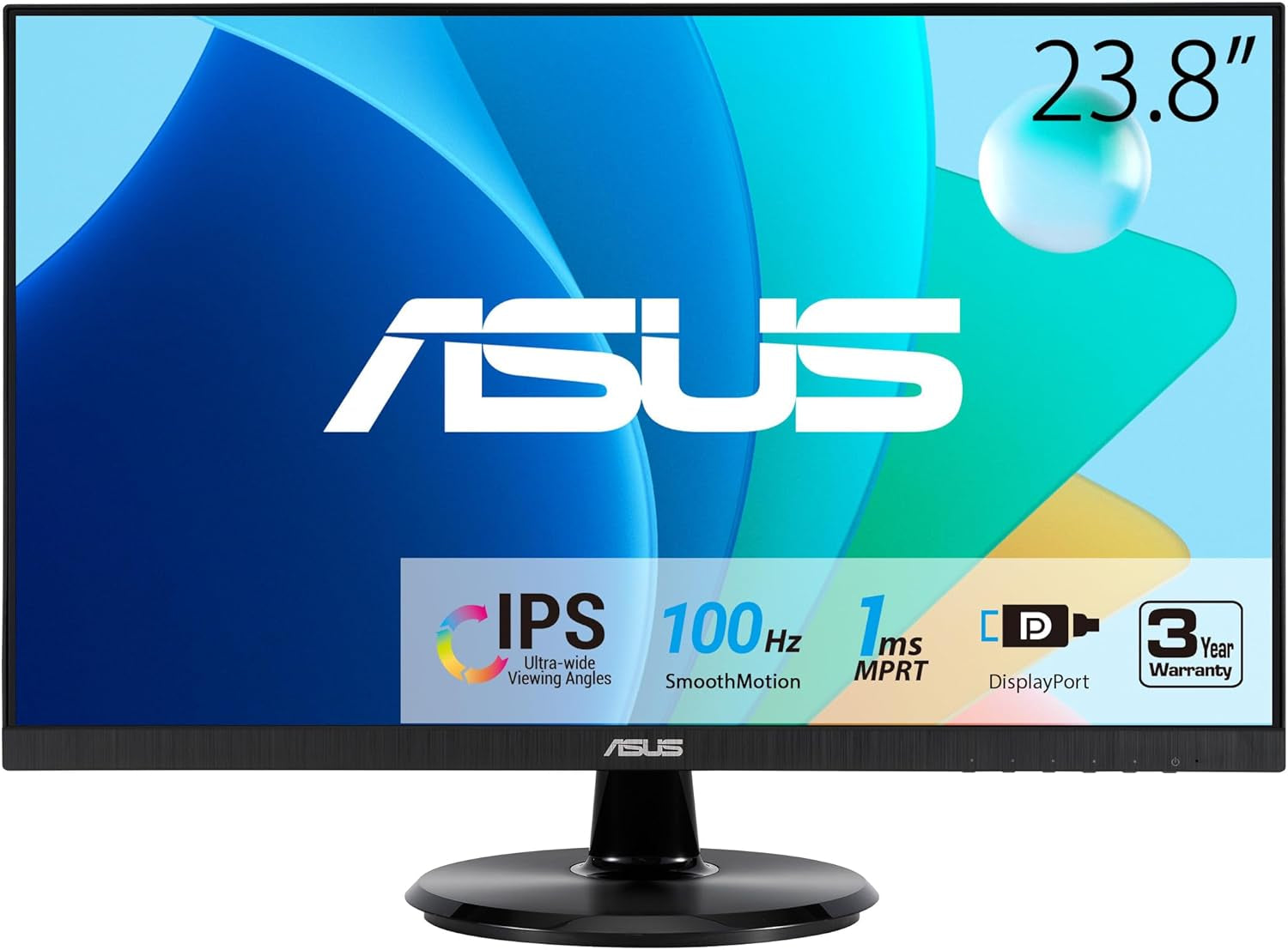 ASUS 24” (23.8-Inch Viewable) 1080P Eye Care Monitor (VA24DQF) - IPS, Full HD, Frameless, 100Hz, 1Ms, Adaptive-Sync, for Working and Gaming, Low Blue Light, Flicker Free, Displayport, 3 Year Warranty