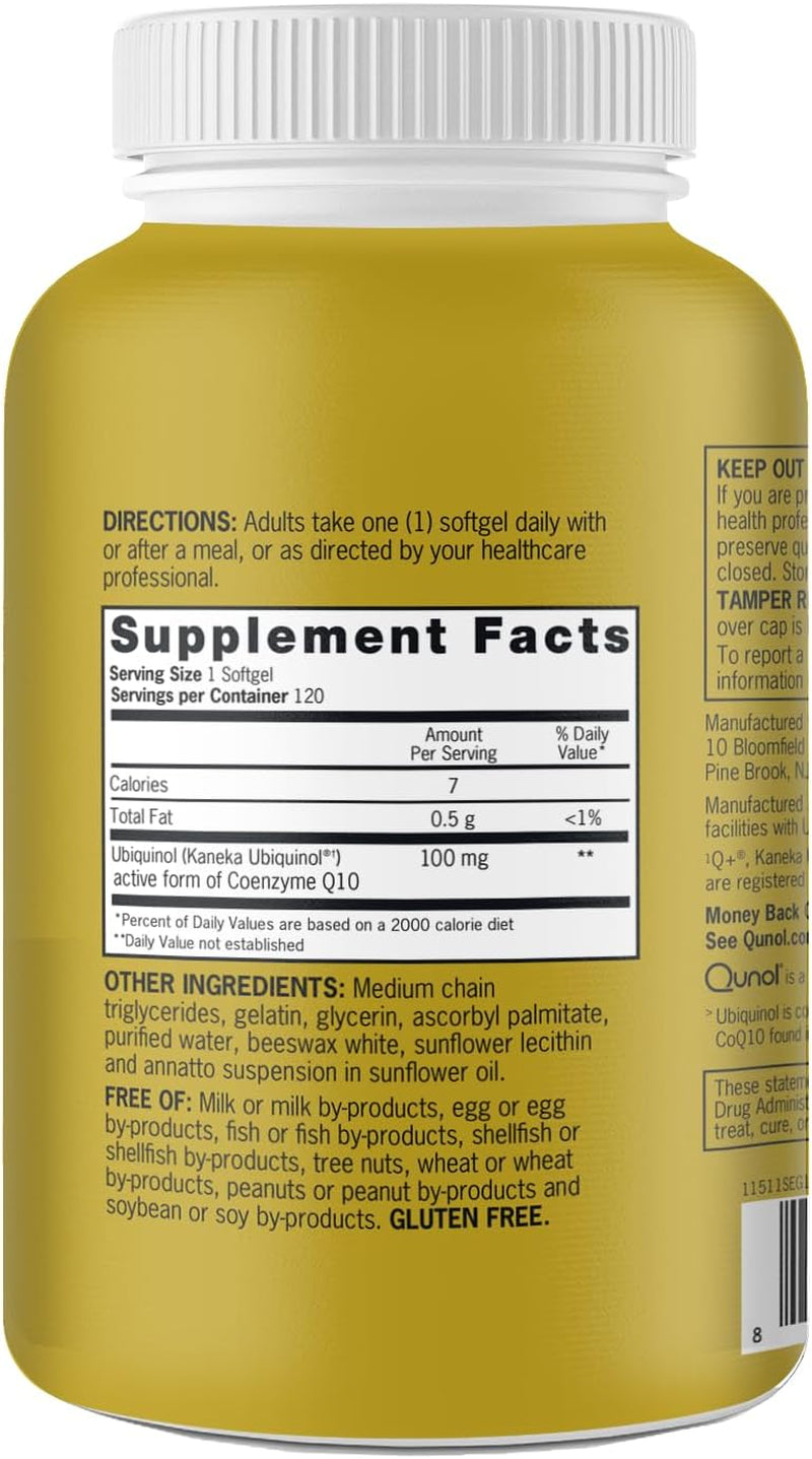 Qunol Ubiquinol Coq10 100Mg Softgels, Ubiquinol - Active Form of Coenzyme Q10, Antioxidant for Heart Health, Healthy Blood Pressure Levels, Beneficial to Statin Users, 120 Count