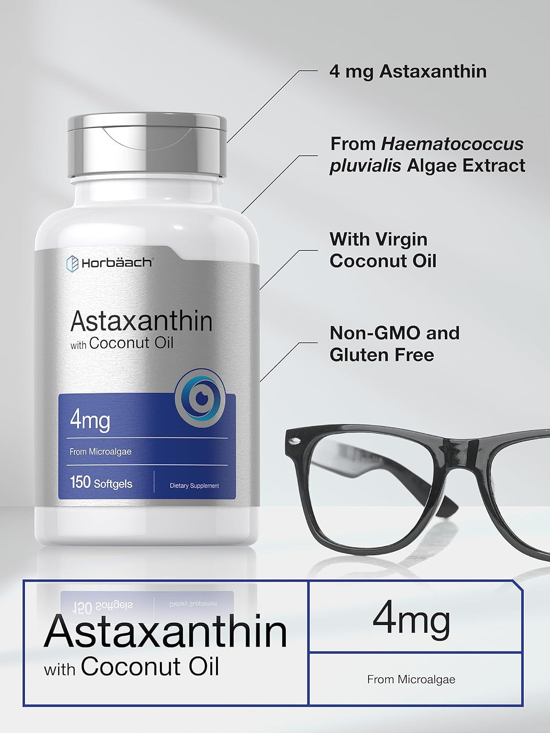 Horbäach Astaxanthin 4Mg | 150 Softgels | with Coconut Oil | Supplement from Microalgae | Non-Gmo, Gluten Free